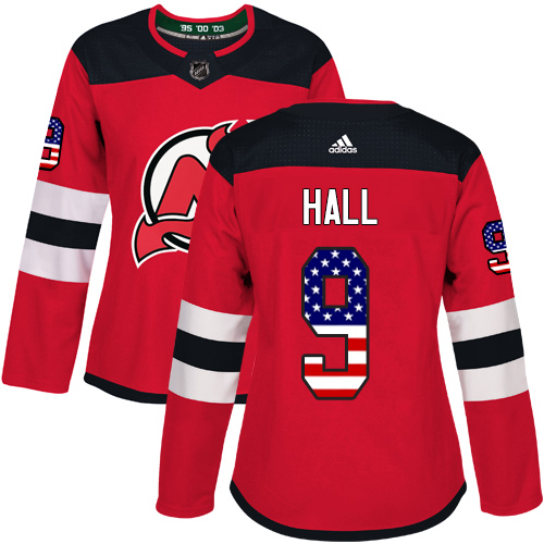 Adidas Devils #9 Taylor Hall Red Home Authentic USA Flag Women's Stitched NHL Jersey - Click Image to Close